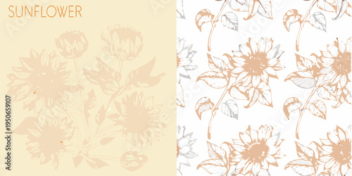 Floral pattern with sketched sunflowers in soft pastel shades