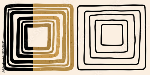 Abstract geometric shapes with nested squares and contrasting color schemes