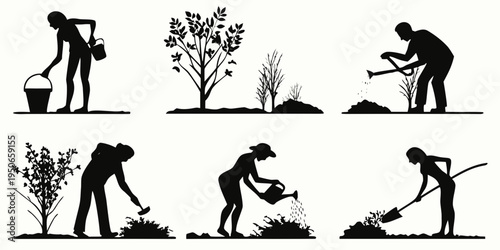 People gardening and tending to plants in a black and white illustration