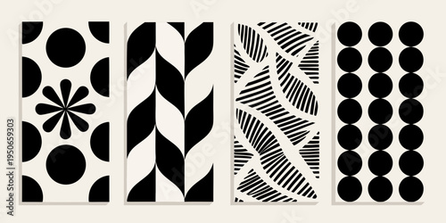 Abstract black and white geometric patterns arranged in vertical panels