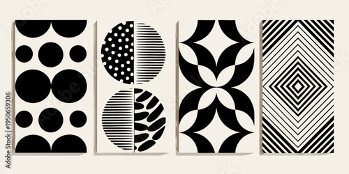 Four black and white abstract panels with geometric and organic shapes