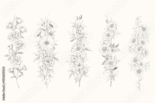 Delicate floral arrangements in a botanical sketch style vertically aligned