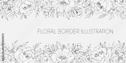 Elegant black and white floral illustration with peony and blossom details