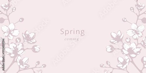 Delicate floral branches frame the word spring on a pink background