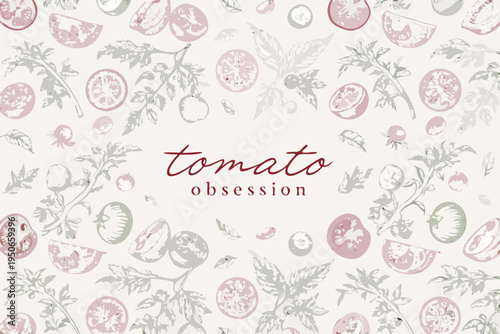 A botanical illustration of tomatoes with leaves and sliced fruit