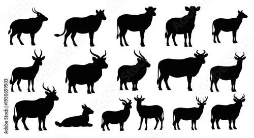 Collection of Diverse Animal Silhouettes Standing and Lying Down.