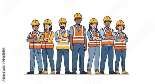 Diverse construction workers team standing together wearing hard hats and vests.