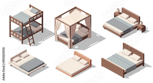 Collection of Six Different Bed Styles Isometric Illustration.