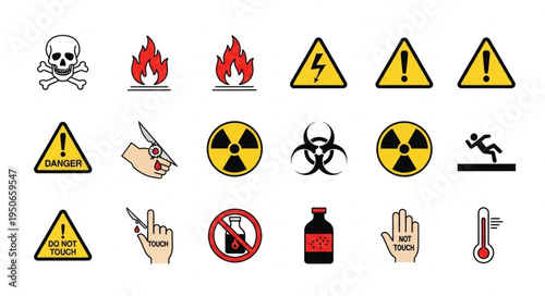 Collection of Safety Warning Hazard Symbols and Icons.