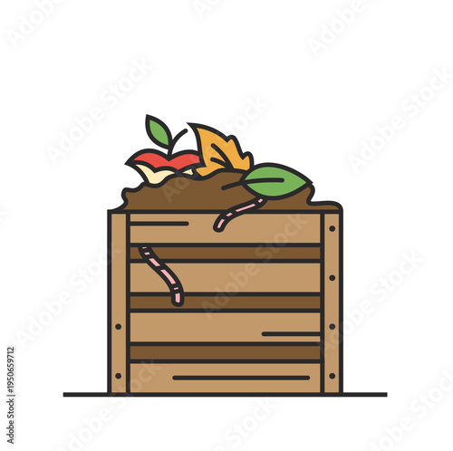 Wooden compost bin icon with organic food waste and worm