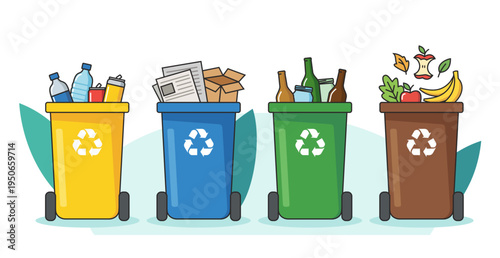 Waste sorting bins for paper plastic glass and organic waste with eco friendly decorative element