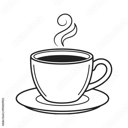 Minimalist coffee cup with hot steam. Simple saucer icon, beverage outline, morning drink sketch. Clean tea mug vector illustration on white