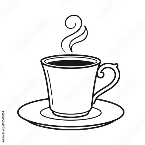 Minimalist coffee cup with hot steam. Simple saucer icon, beverage outline, morning drink sketch. Clean tea mug vector illustration on white
