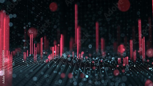 Dynamic red bar graphs rising amidst digital data particles on dark grid background
