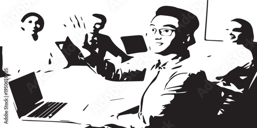 A middle-aged Asian man is giving a lecture to the audience. in black and white, eps 10