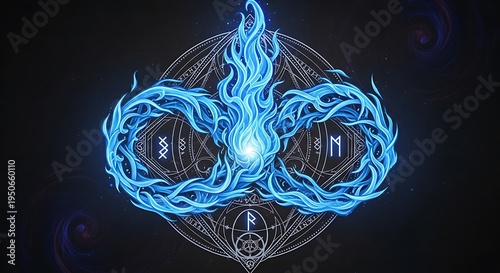 Mystical blue flame infinity symbol with runic glyphs and intricate geometric patterns