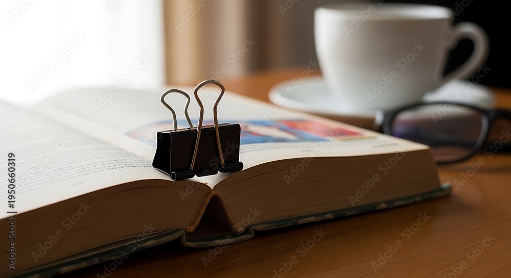 Fototapeta premium Open book held by clip with coffee and glasses in soft light