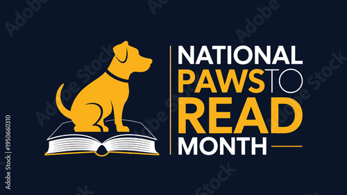 National Paws to Read Month Minimalist Logo with Yellow Dog Sitting on Open Book Silhouette for Library Literacy Program Awareness Poster