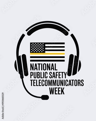 National Public Safety Telecommunicators Week Graphic with Professional Headset Icon and Thin Gold Line Flag for 911 Dispatcher Appreciation