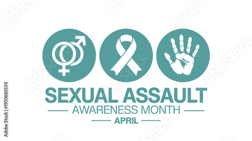 Sexual Assault Awareness Month April Poster with Teal Ribbon Gender Symbols and Hand Icon for Non-profit Advocacy and Support Campaigns