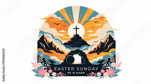 Easter sunday celebration with cross on mountain