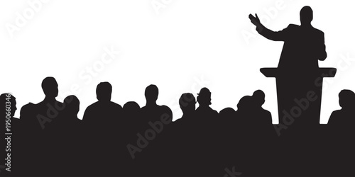 A middle-aged Asian man is giving a lecture to the audience. in black and white, eps 10