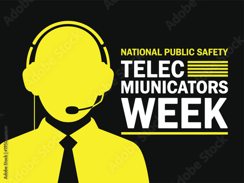 National Public Safety Telecommunicators Week Awareness Illustration with Yellow Dispatcher Silhouette and Headset for Emergency Service Promo