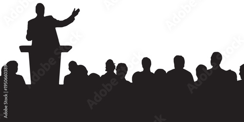 A middle-aged Asian man is giving a lecture to the audience. in black and white, eps 10