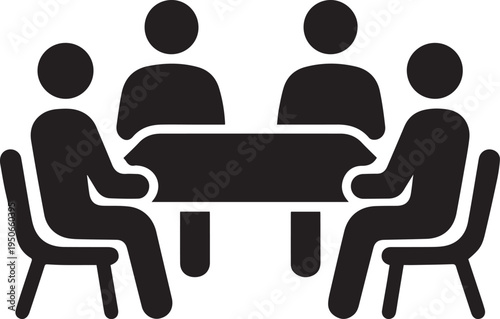 Minimal Flat Black Vector Icon of People Sitting Around a Meeting Table - Isolated on Transparent Background
