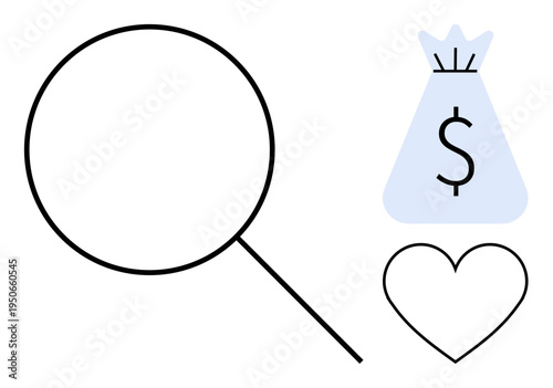 Magnifying glass, dollar-sign money bag, and heart symbol combining themes of financial analysis, wealth management, and emotional priorities. Ideal for finance, business, personal budgeting