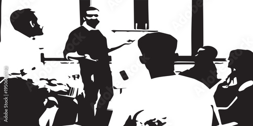 A middle-aged Asian man is giving a lecture to the audience. in black and white, eps 10