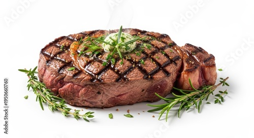 Wallpaper Mural Juicy grilled ribeye steak with herb butter and fresh rosemary garnish on white background Torontodigital.ca