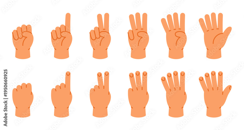 Obraz premium Flat hand signs showing numbers 0 to 10 using finger counting. Educational vector illustration for kids learning math and numbers