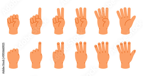 Flat hand signs showing numbers 0 to 10 using finger counting. Educational vector illustration for kids learning math and numbers