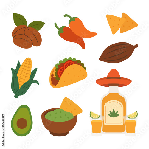 Mexican food and drink clipart set with tacos, guacamole, tequila, corn and traditional ingredients