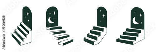 Surreal staircase leading to moonlit arched door. Minimal fantasy vector concept with stars and dream symbolism.