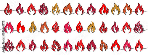 Decorative fire flame clipart. Vector seamless border with multiple flame shapes in red, pink, and orange tones