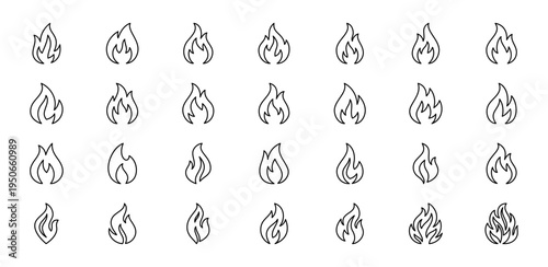 Set of flame outline icons. Vector fire symbols isolated on white background for energy, hazard and safety design