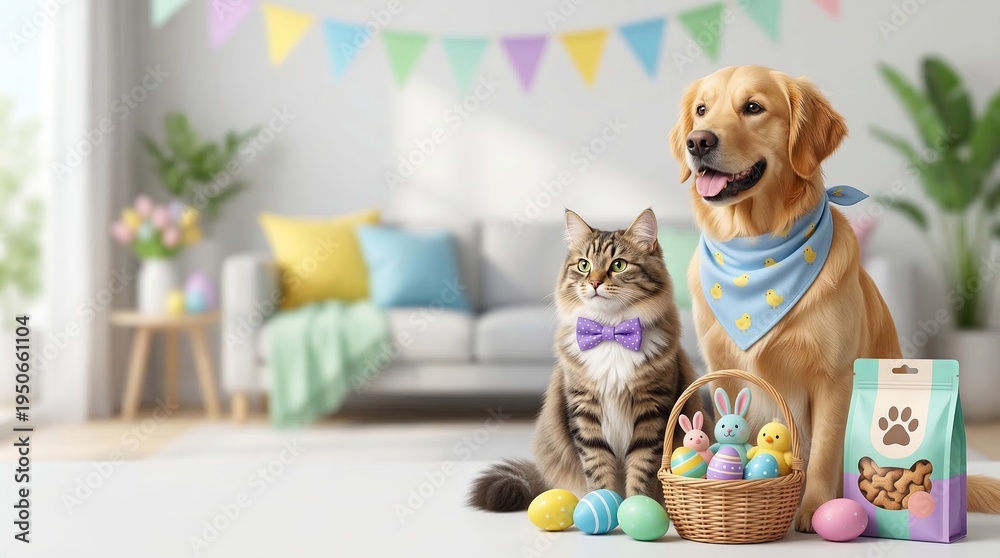 Obraz premium Golden retriever dog and tabby cat with easter basket of colored eggs and toy chicks in cozy living room. Festive pets wearing bandanas beside treat box. Spring holiday celebration concept for animal
