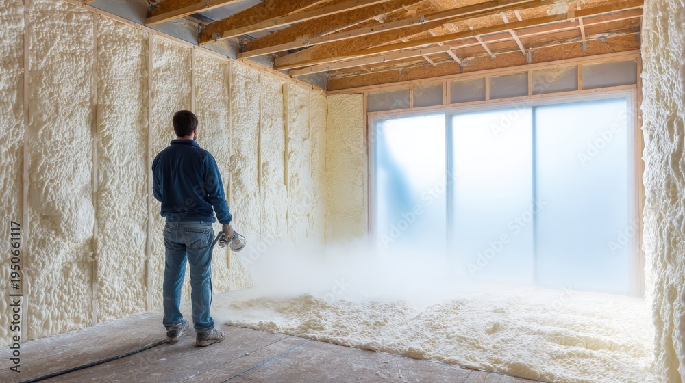Fototapeta premium Construction worker applies expanding foam insulation to interior walls of an unfinished room