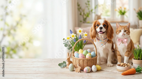 Cavalier dog and orange cat with easter basket of colored eggs. Adorable pets posing beside daffodils eucalyptus and carrots. Spring holiday celebration indoors with animals