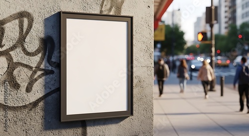 Blank canvas on graffiti wall in bustling city street with blurred pedestrians and traffic lights