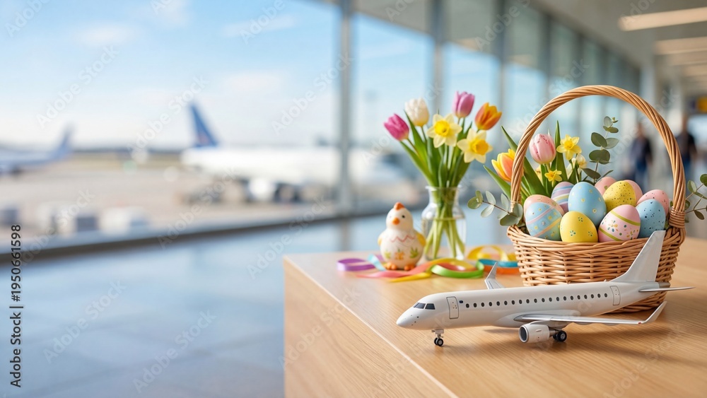 Naklejka premium Easter basket with painted eggs tulips and chick on table in airport terminal. Holiday spring travel concept with toy airplane and decorations for celebration