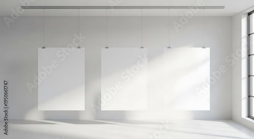 Three blank white posters hanging on a wall in a bright, minimalist art gallery with large windows