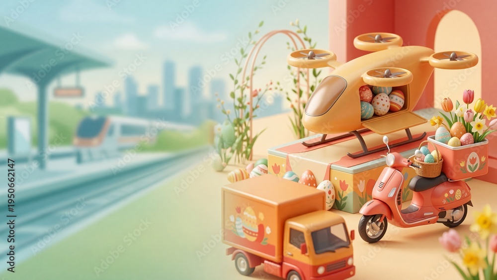 Naklejka premium Whimsical Easter delivery vehicles at spring station. Toy helicopter truck and scooter with painted eggs tulips and flowers. Holiday celebration and urban transport concept