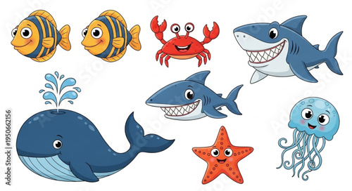 Collection of Cute Cartoon Sea Creatures and Marine Life.