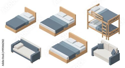 Collection of Isometric Furniture Pieces for Bedrooms and Living Spaces.