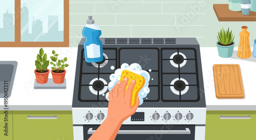 Hand cleaning kitchen stove with yellow sponge and cleaner.