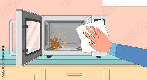 Hand cleaning inside a microwave oven with a cloth.