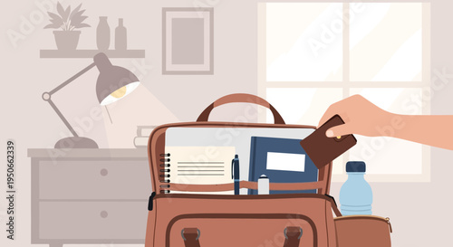 Hand placing wallet into open backpack with school supplies.